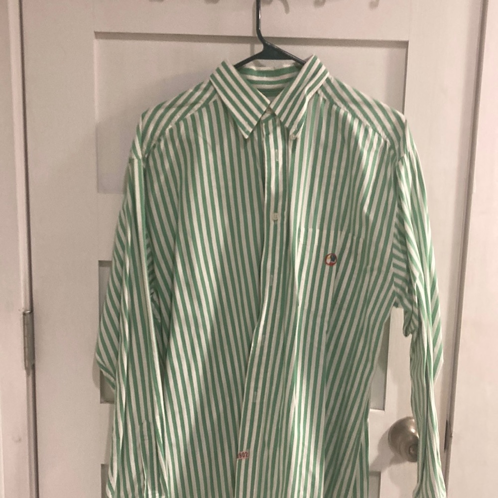 Medium Duck Head Green and white striped button down, Medium